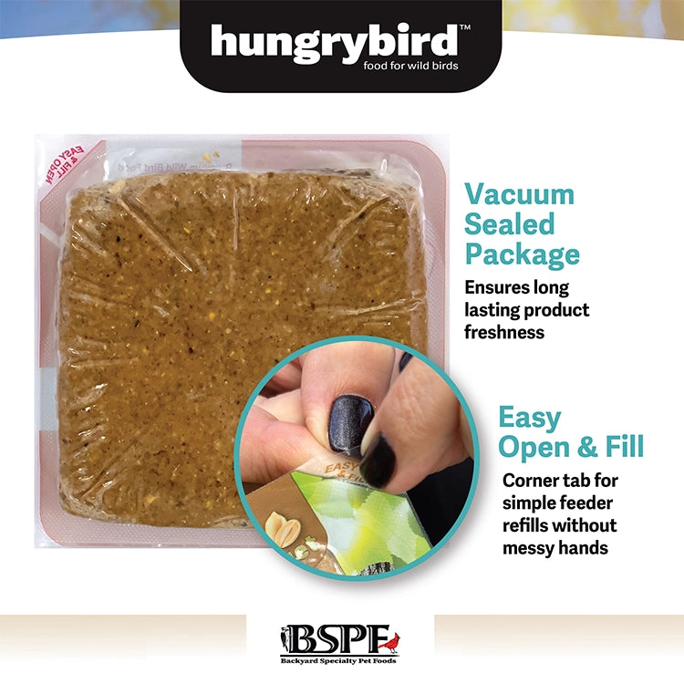 Energy+ Suet Cakes with Cranberry Filling, 12 Cakes, shown in vacuum-sealed packaging with easy open tab for mess-free refills. Promotes freshness and high-energy feeding.