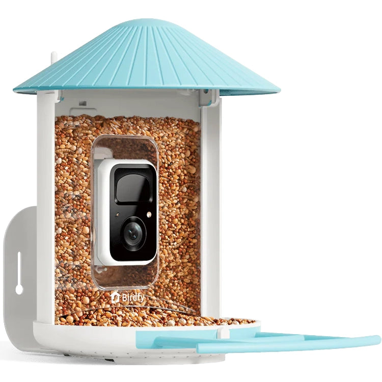 Birdfy Blue Bird Feeder 1 with Camera, featuring a wall-mounted design, teal umbrella roof, and integrated camera for live-streaming birds via Birdfy app.