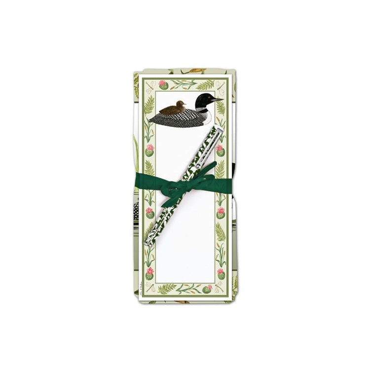 Flour Sack Towel & Magnetic Note Pad Set, Loon: Stationery notepads with botanical border, loon illustration, tied with ribbon, includes matching pen, perfect for gifting.