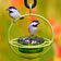Lime Hanging Sphere Feeder with Perch showing two birds feeding, black and white seeds in a glass dish, encased in a durable steel frame.