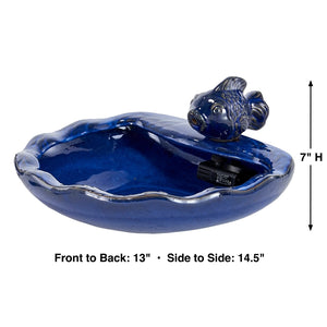 Ceramic Koi Solar Fountain features a blue basin with a koi fish spout, powered by solar energy for continuous water flow, perfect for outdoor relaxation.