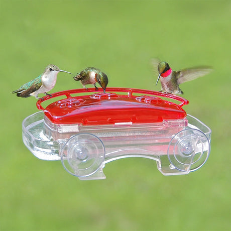 Aspects Jewel Box Hummingbird Feeder on a window attracts three hummingbirds, featuring a red tray with raised perches and three feeding ports.