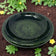 Hunter green birdbath bowl placed in a garden bed surrounded by flowers