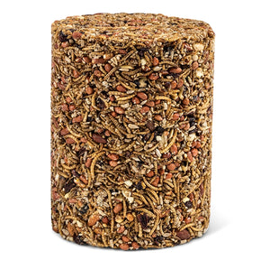 Mr. Bird Bugs, Nuts & Fruit Cylinder, Jumbo: A compressed cake of mealworms, peanuts, seeds, and grains, designed for outdoor bird feeding, bound with a natural binder.