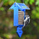 Duncraft Royal Blue Arrow Tail Prop Suet Feeder with metal grid, showing a Downy Woodpecker feeding, designed for easy bird access and longer feeding time.