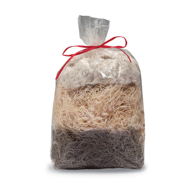 Woodland Treat Basket Refill: A clear cellophane bag with a red ribbon, containing three layers of natural nesting material for birds: cotton, aspen, and Spanish moss.