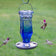 Vintage Sapphire Starburst Hummingbird Feeder with blue glass, starburst design, and white flower-shaped feeding ports, attracting hummingbirds in a garden setting.