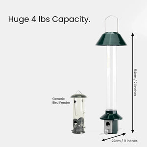 PestOff Squirrel Proof Bird Feeder 2.0, green metal with clear tube, 54 cm tall, holds 4 lbs seed, features spring-loaded perches to deter squirrels.