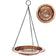 Copper-colored hanging bird bath with chain on a white background