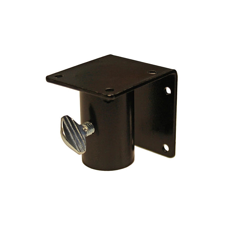 Black metal bird house flat mount and side mount bracket with a knob on a white background. 