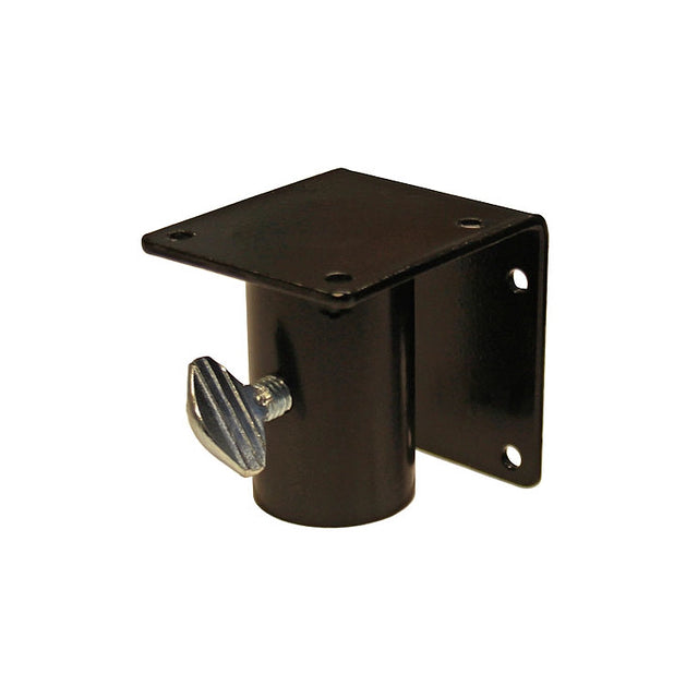 Black metal bird house flat mount and side mount bracket with a knob on a white background. 