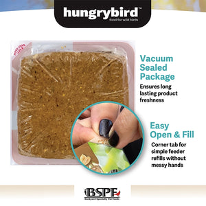 Energy+ Suet Cakes with Cranberry Filling, 12 Cakes, shown in vacuum-sealed packaging with easy open tab for mess-free refills. Promotes freshness and high-energy feeding.