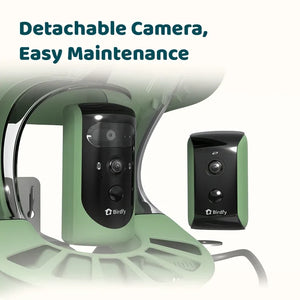 Birdfy Feeder 2 Duo - Bird Feeder with Camera, showing detachable green-and-black module, emphasizing easy maintenance and versatile triple-lens system for enhanced bird watching.