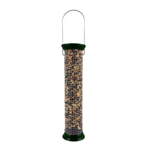 New Generations Metal Peanut Feeder with wire mesh tube, designed for woodpeckers, features a snug sliding cap and sturdy zinc die-cast metal construction.