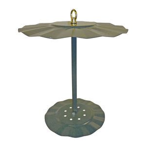 Seed Cylinder Holder with two-tiered metal baffles, scalloped top disk, and drainage tray, deters squirrels and protects seed logs from weather, enhancing bird feeding.