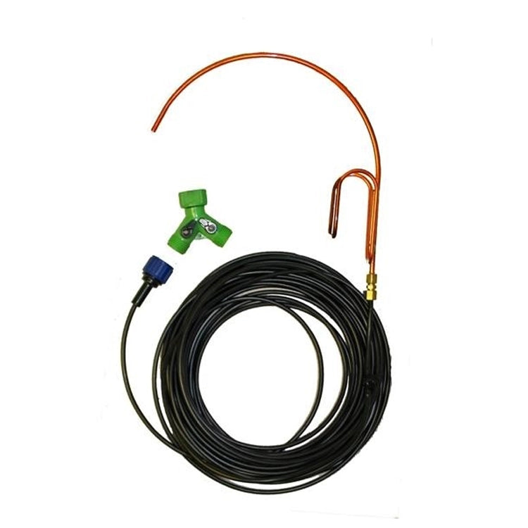 Universal Dripper components: black cable with temperature probe, copper tube sensor, green Y-valve, and blue quick-connect adapter for easy birdbath water management and temperature monitoring.