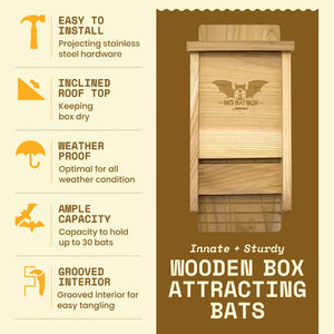 Single Chamber Bat House, Black, shown with features: easy installation, inclined roof, weatherproof design, ample 30-bat capacity, grooved interior for bat grip.