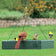 Going Green Platform Feeder with multiple birds perched on it, showcasing its spacious design and perforated metal screen bottom for easy cleaning.