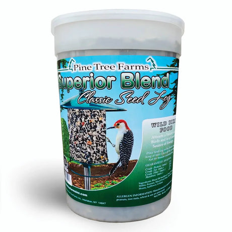 Superior Blend Classic Seed Log, Jumbo in plastic tub, featuring label with woodpecker, seed-and-suet log, ingredients, and size details for diverse bird feeding.
