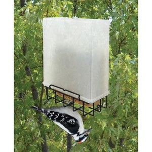 Suet Saver Feeder with a plastic rain-cover, showcasing a woodpecker feeding upside down, designed to attract desirable birds while deterring others.